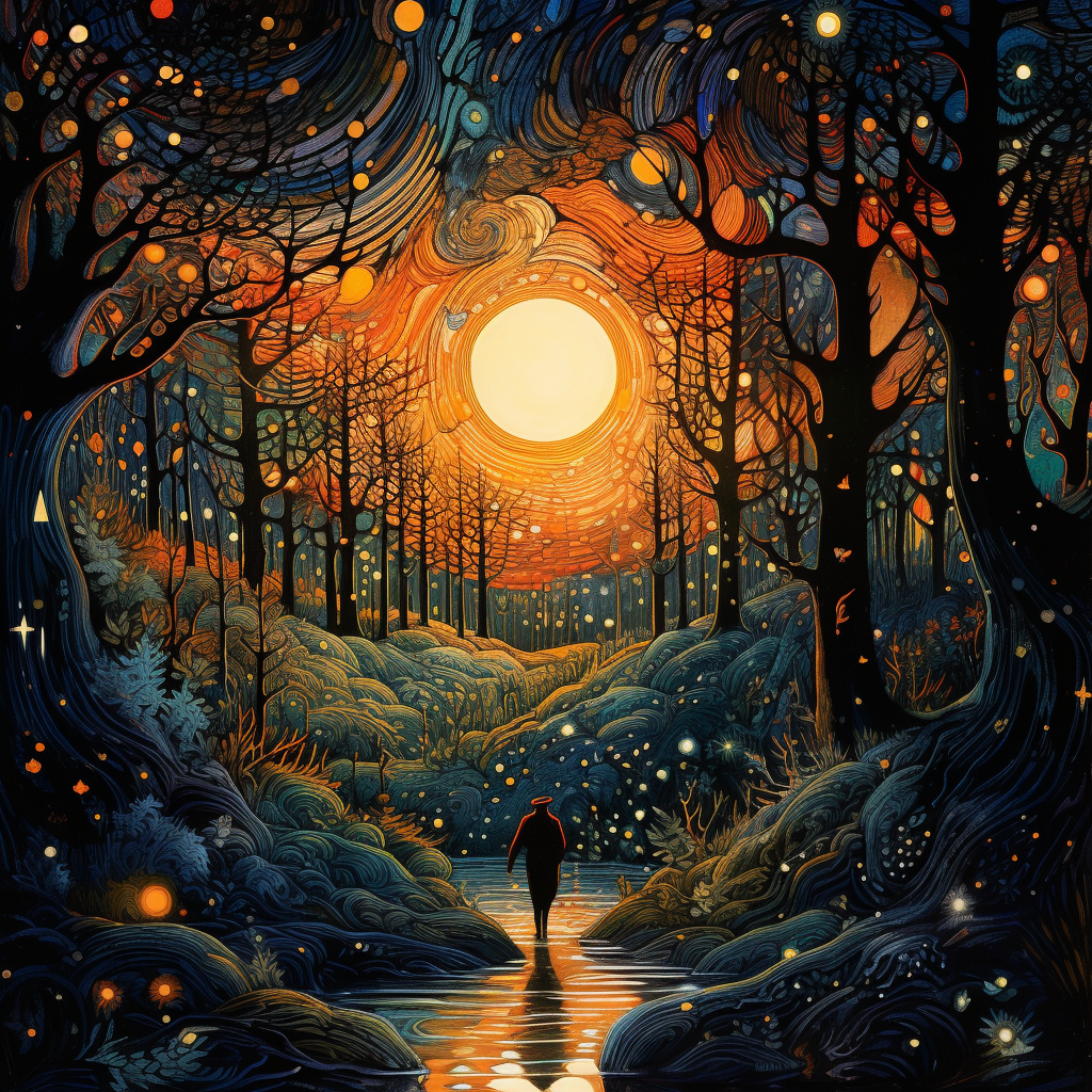 Man walking in a moonlit forest