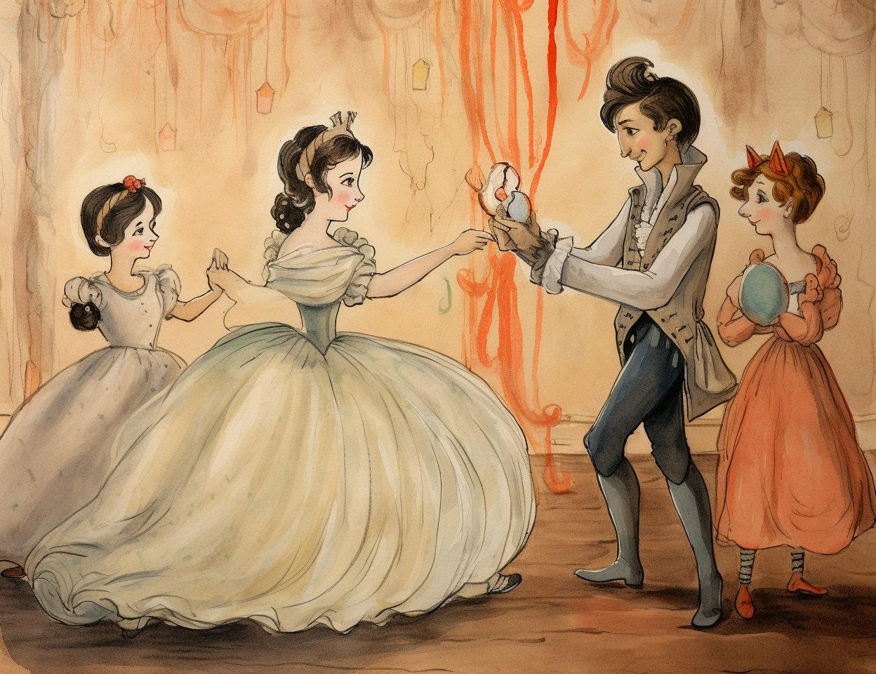 Children's sketch of fairytale princesses at a ball