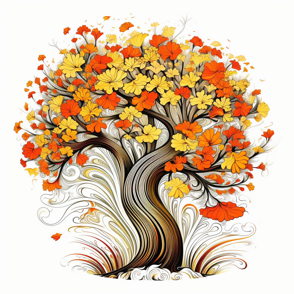 Vibrant fall flowers covering tree trunk