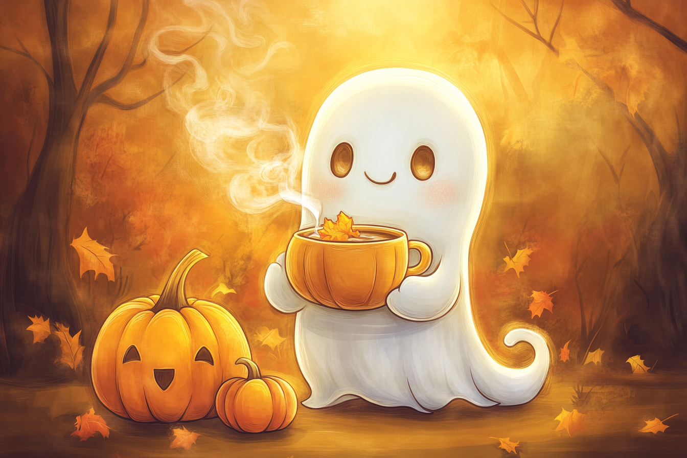 Cute whimsical fall ghost with coffee cup