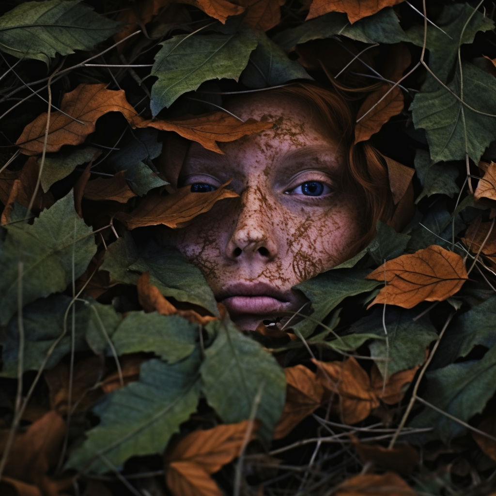 Person hidden under fall leaves