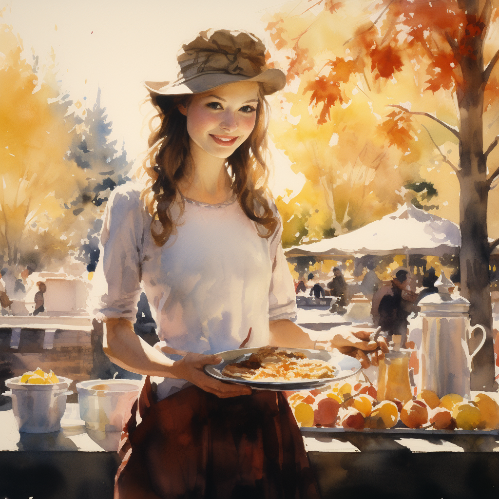 Young woman serving food in fall park