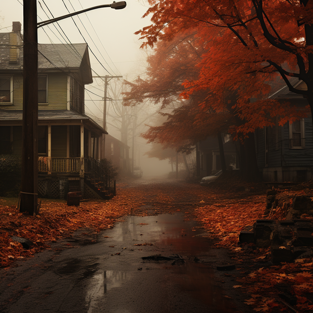 Eerie autumn colors in quiet neighborhood