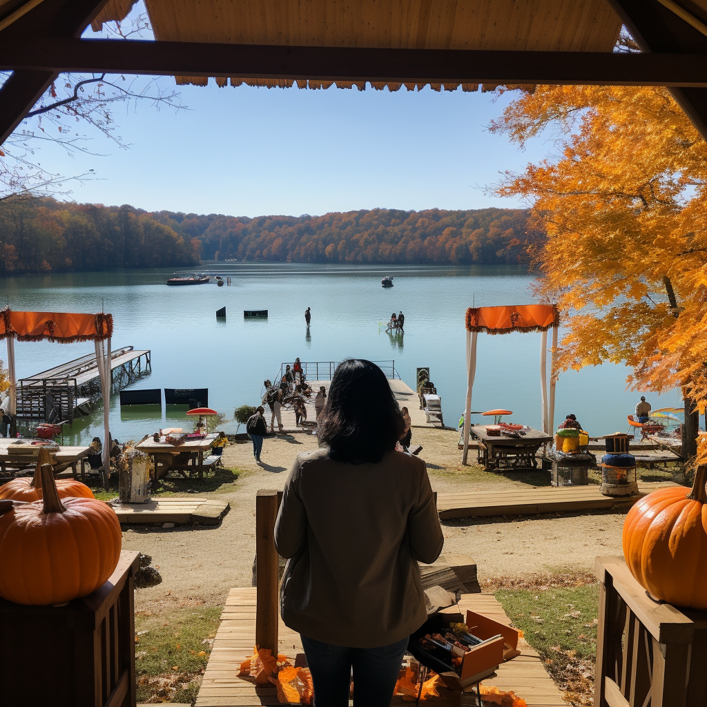 Woman controlling remote control boat at fall festival