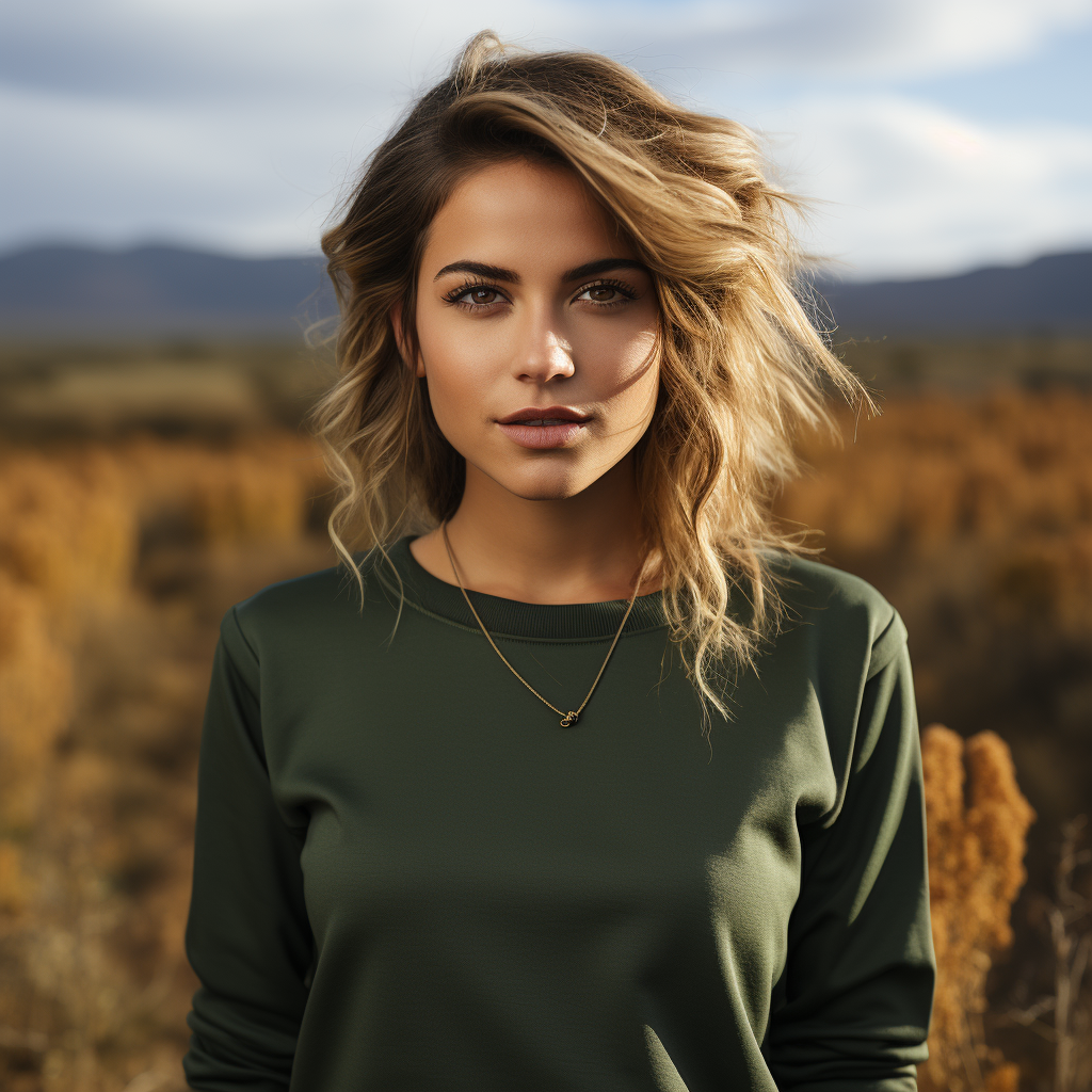 Woman in Blank Dark Green Sweater