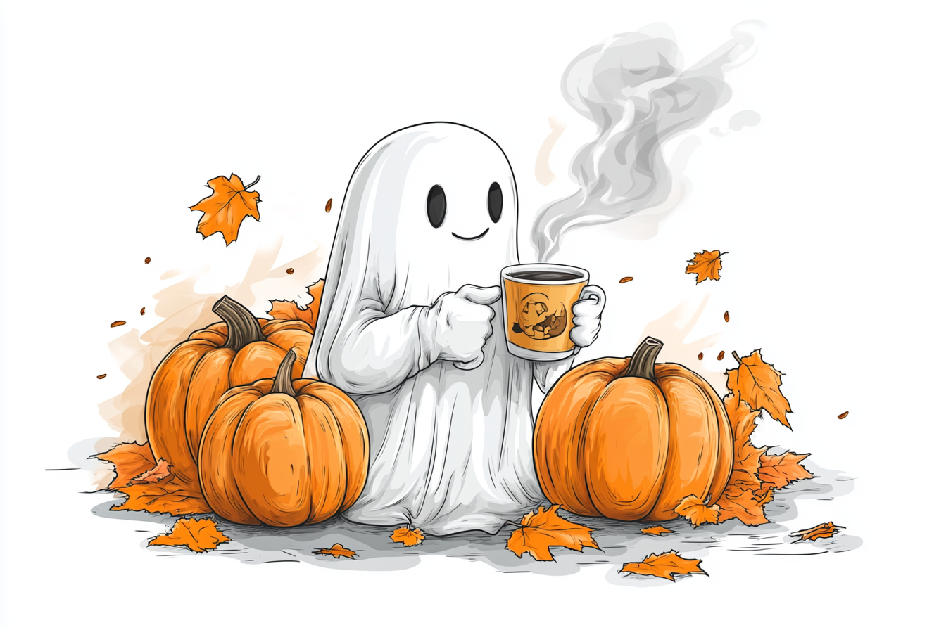 Fall ghost with coffee and pumpkins