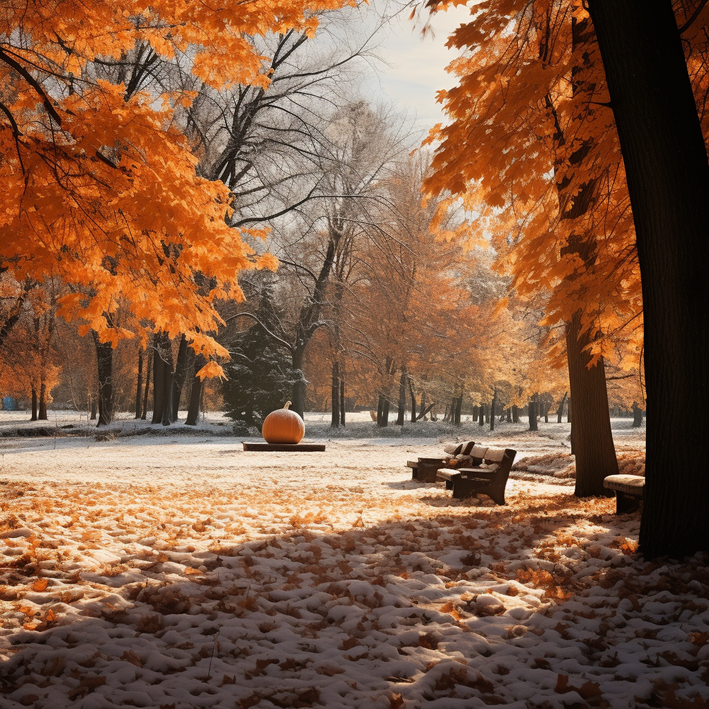 Fall park with leaves and large pumpkin