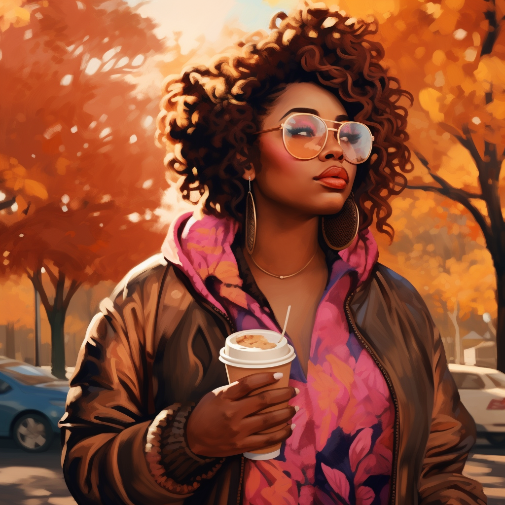 Plus Size Melanin Queen with Coffee in Fall Park