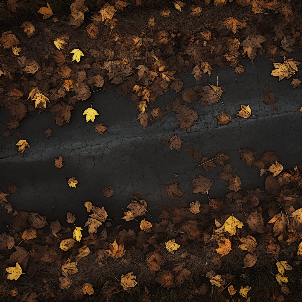 Autumn leaves covering asphalt road