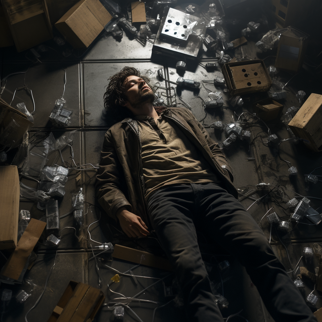 Human character lying among metallic industrial boxes