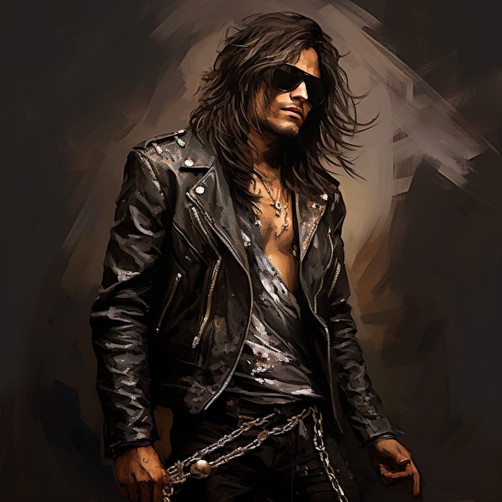 Stylish fallen rockstar with long hair and leather attire