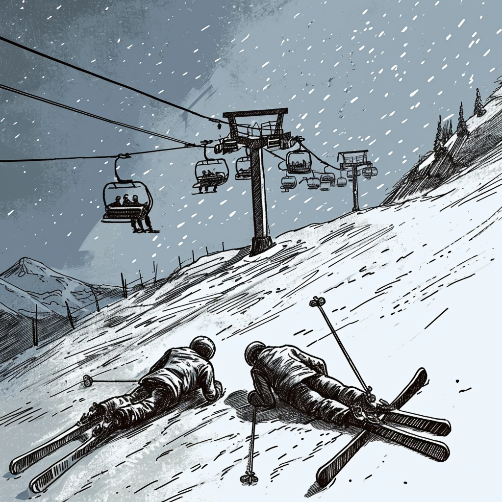 Two fallen skiers in front of a chairlift