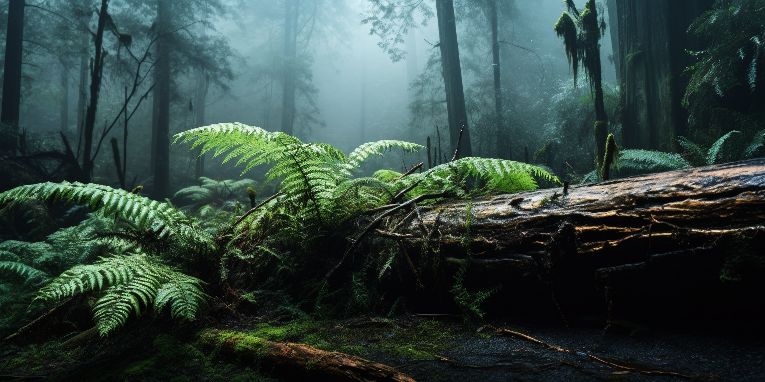 Misty forest with fallen tree and ferns