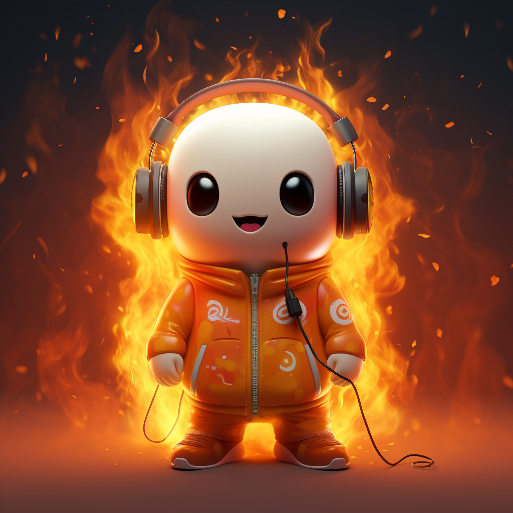 Fall Guys character with flaming head wearing headphones