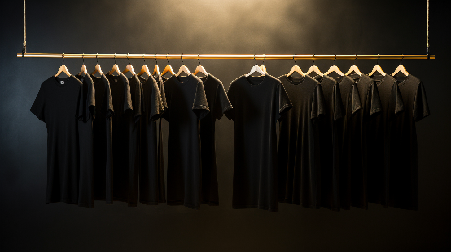 Nine falling goldish t-shirts in cinematic lighting.