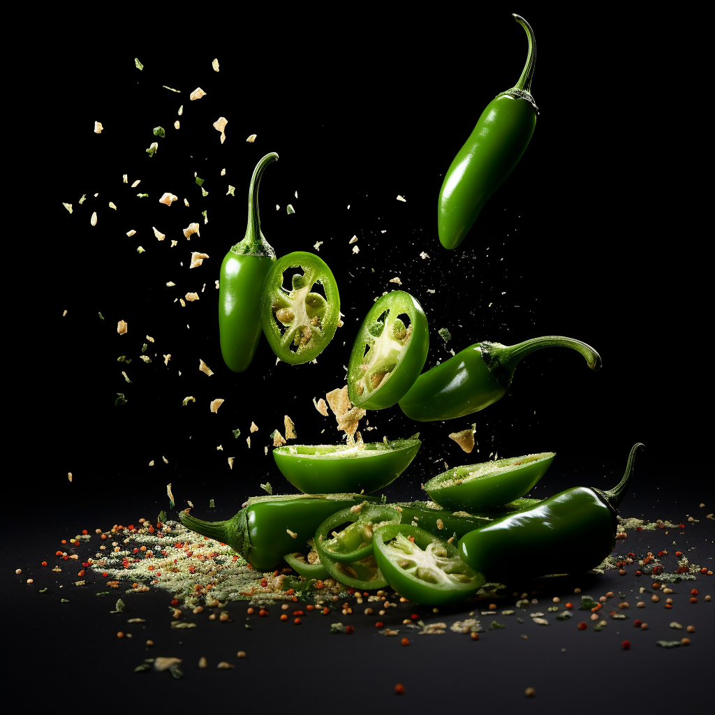 Spicy Jalapeno Slices falling on black background