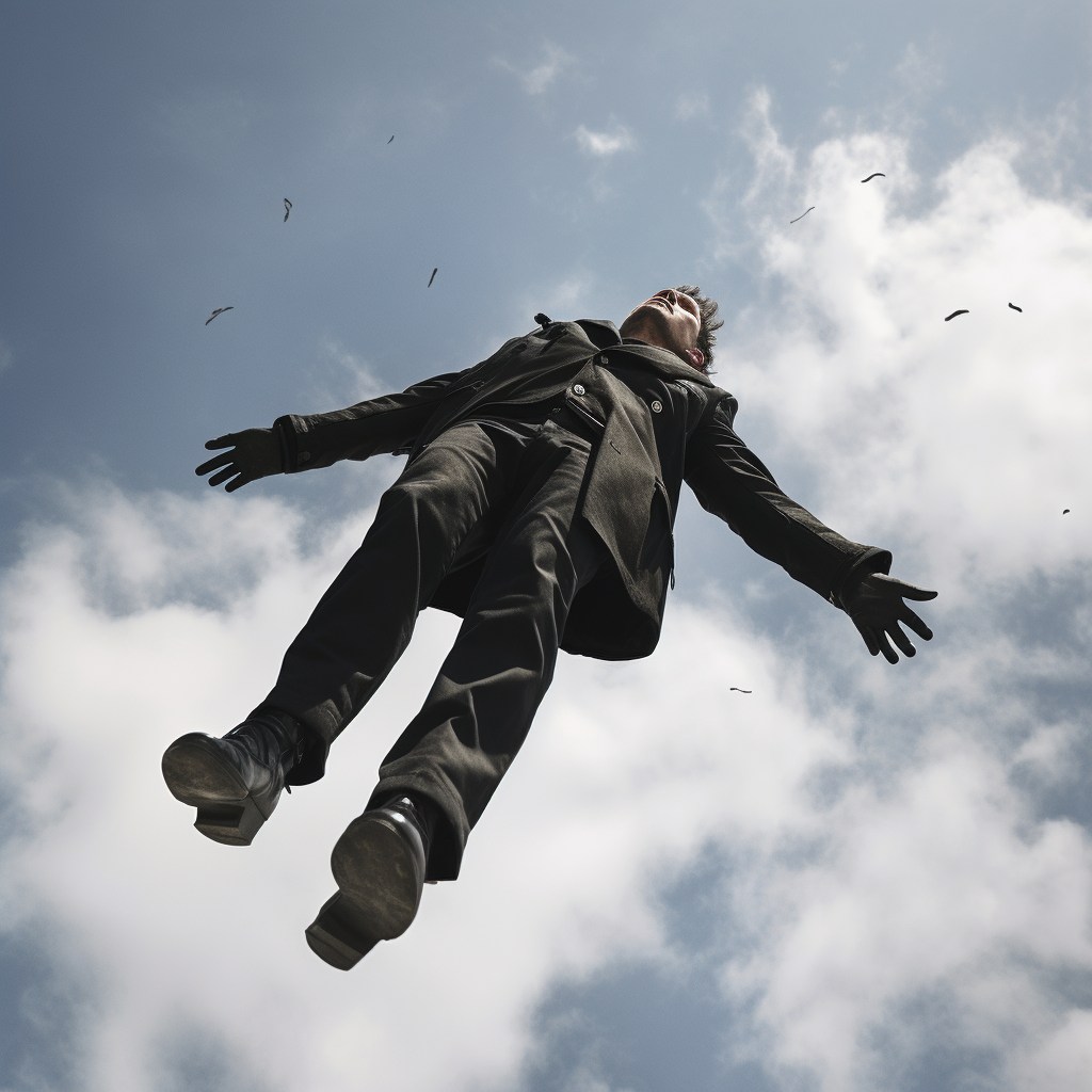 Freefalling man in black clothes against the sky