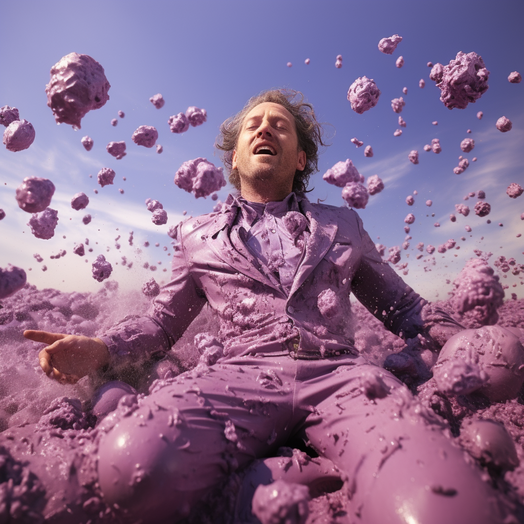 Man falling in surreal purple landscape