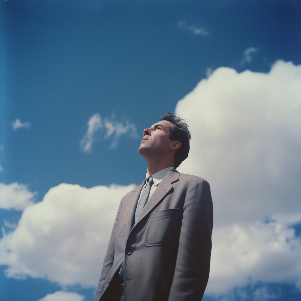 Man in suit falling through blue sky