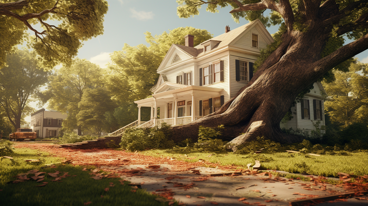 Tall tree falling towards house