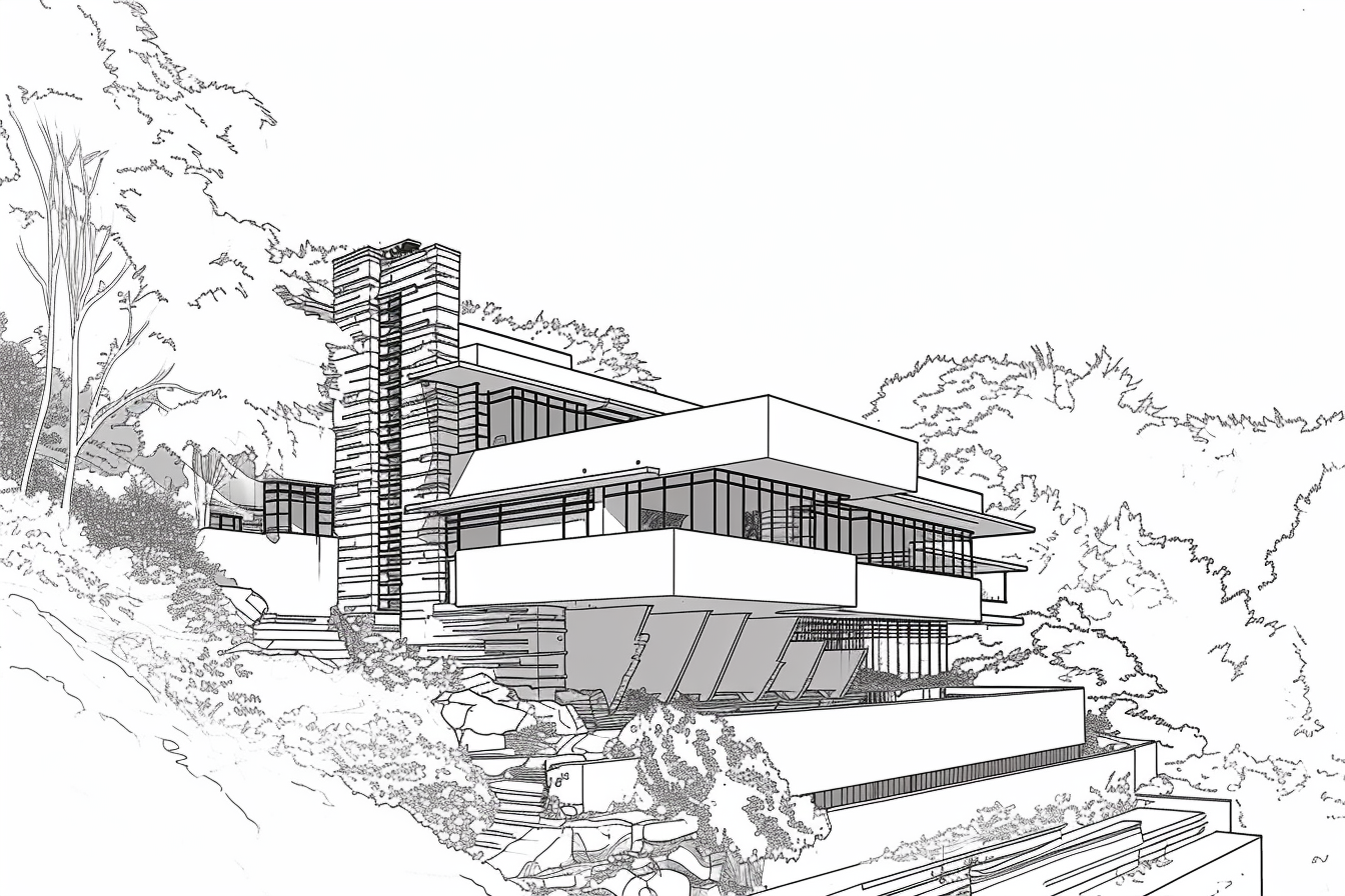 Abstract black line drawing of Fallingwater