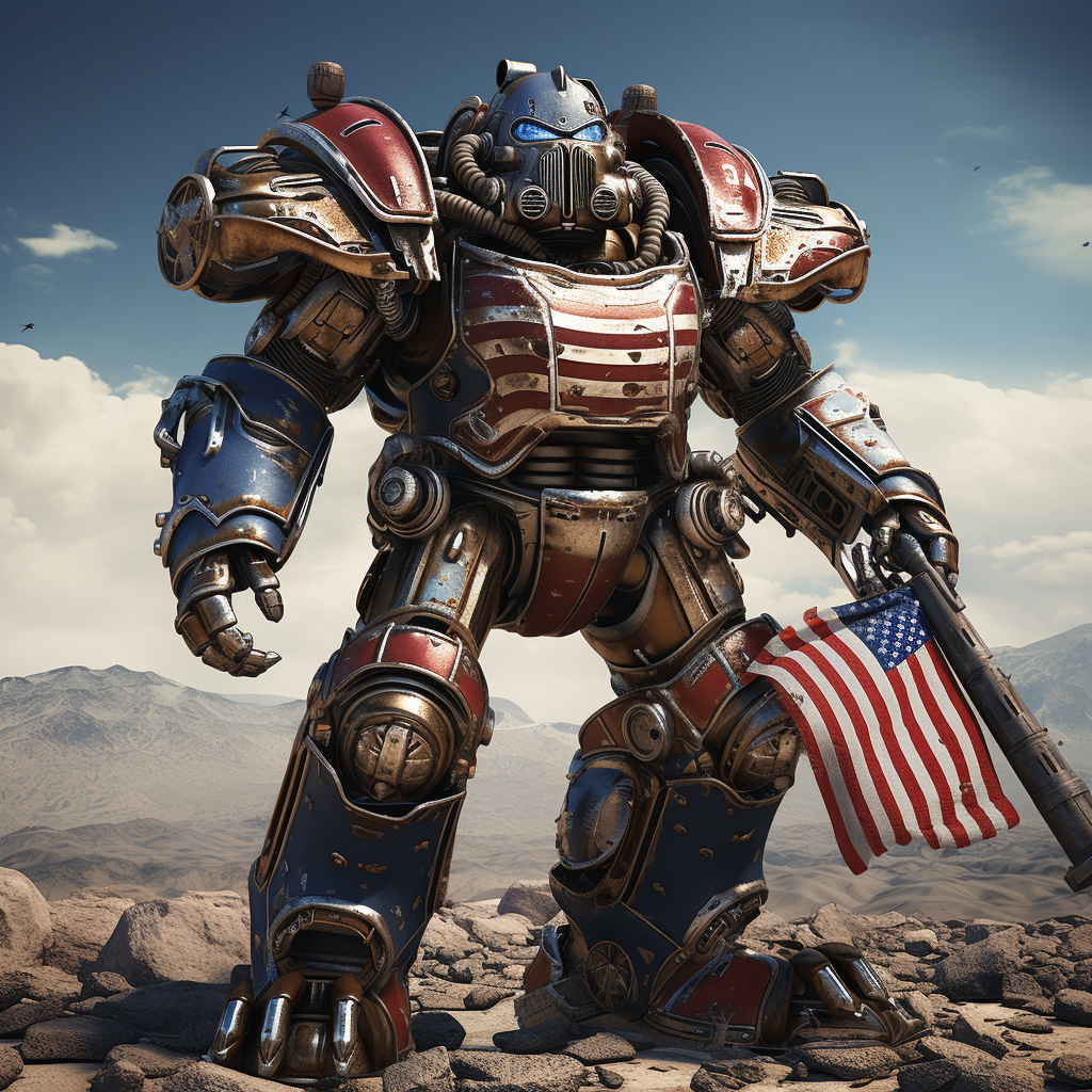 Battle-damaged T-60 power armor in US flag colors