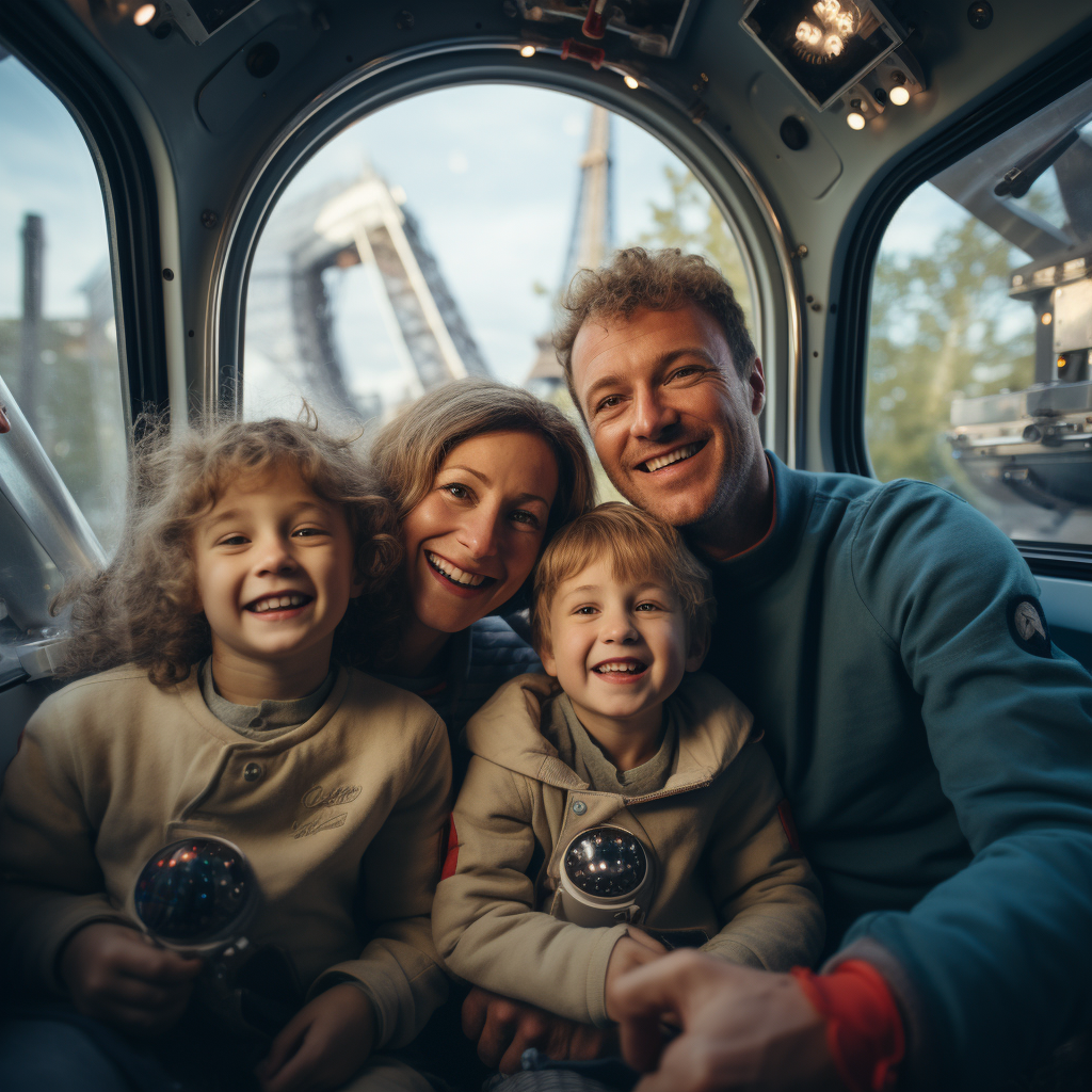 Family dressed as astronauts inside train Paris