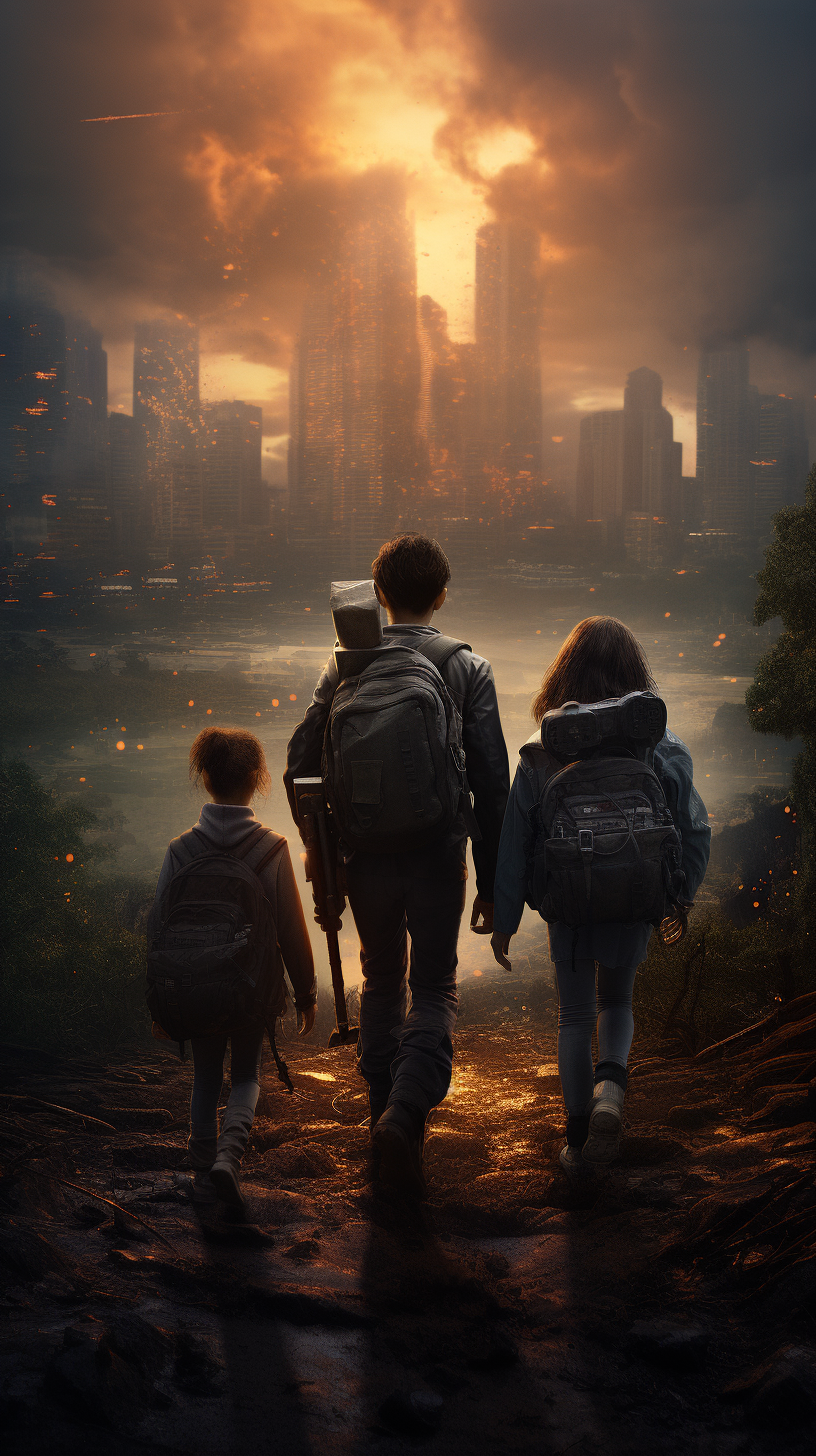 Family carrying backpacks in dystopian scene