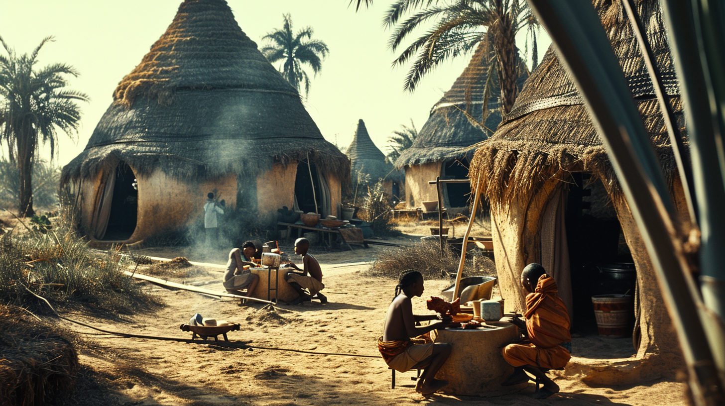 Family eating chicken in futuristic African village