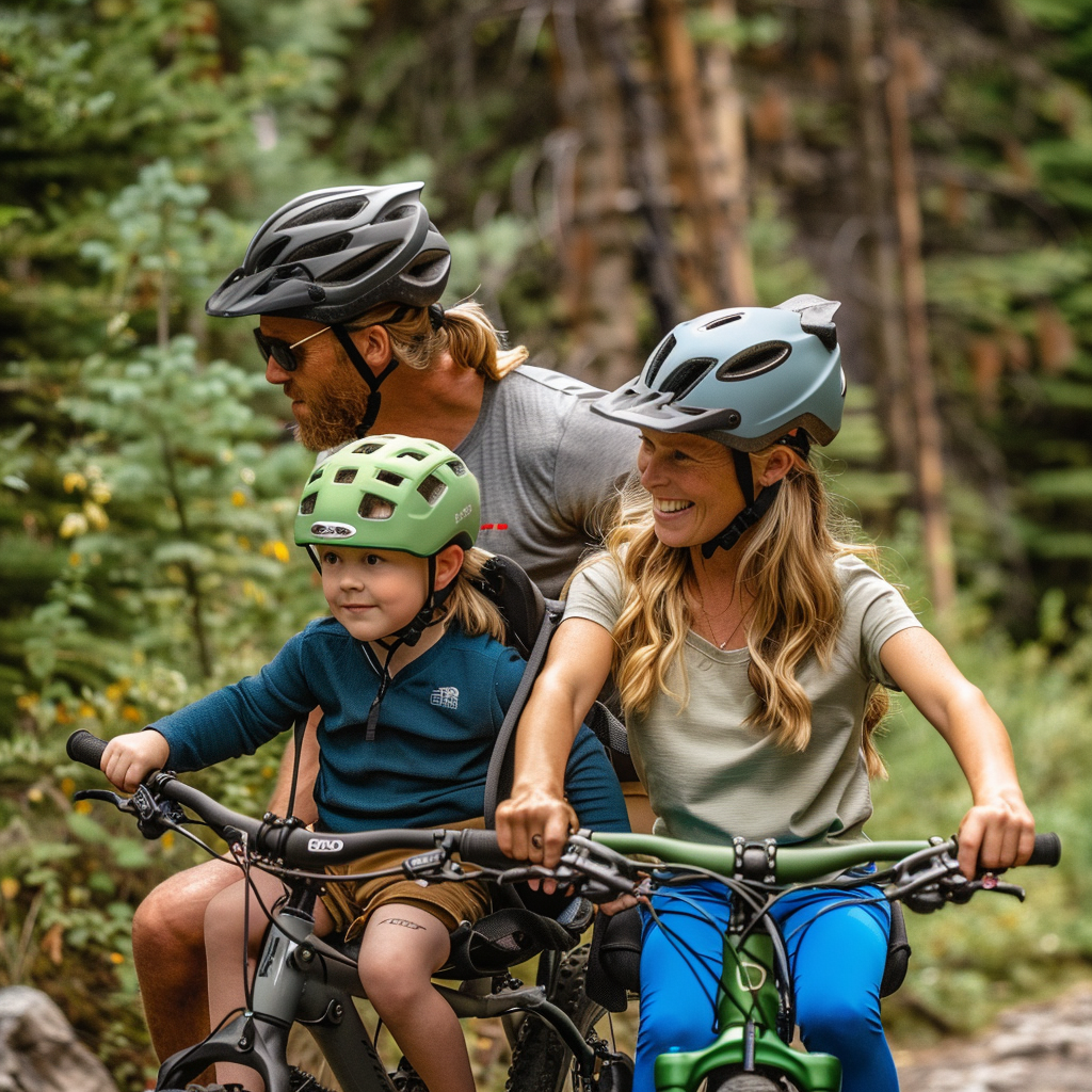 Family biking in forest