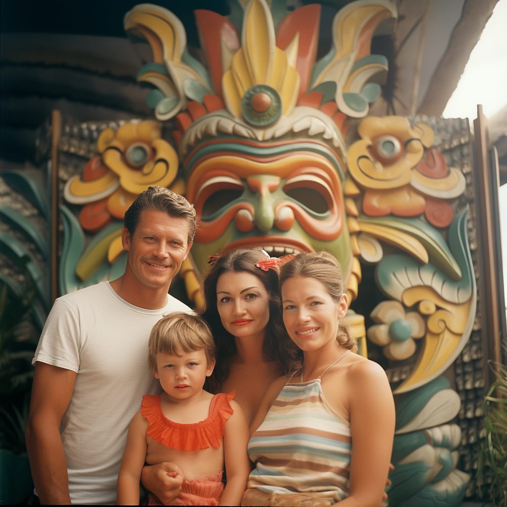 Family in front of Googie Pavilion with Tiki Ornaments