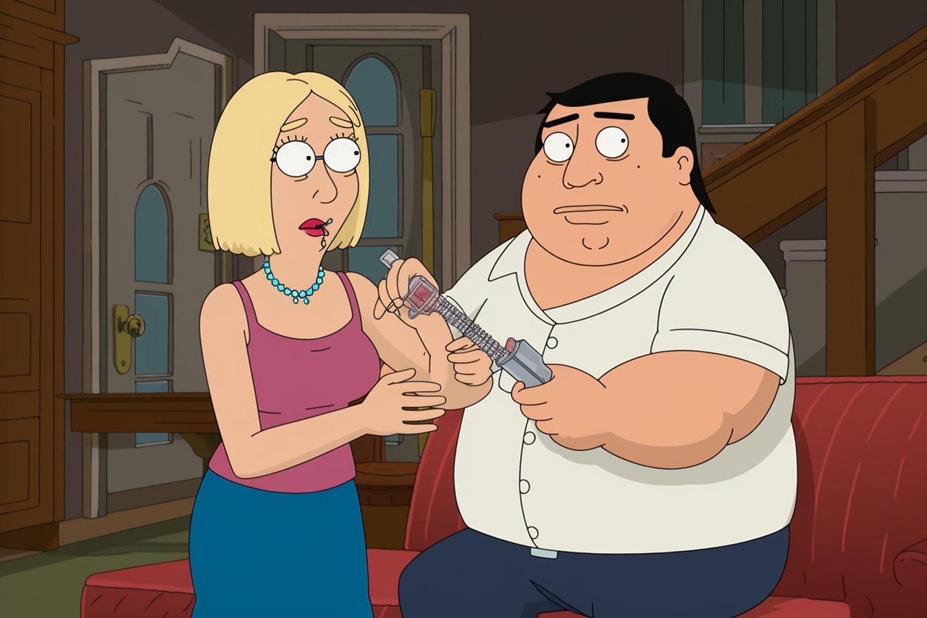 Woman giving man a syringe in Family Guy animation style