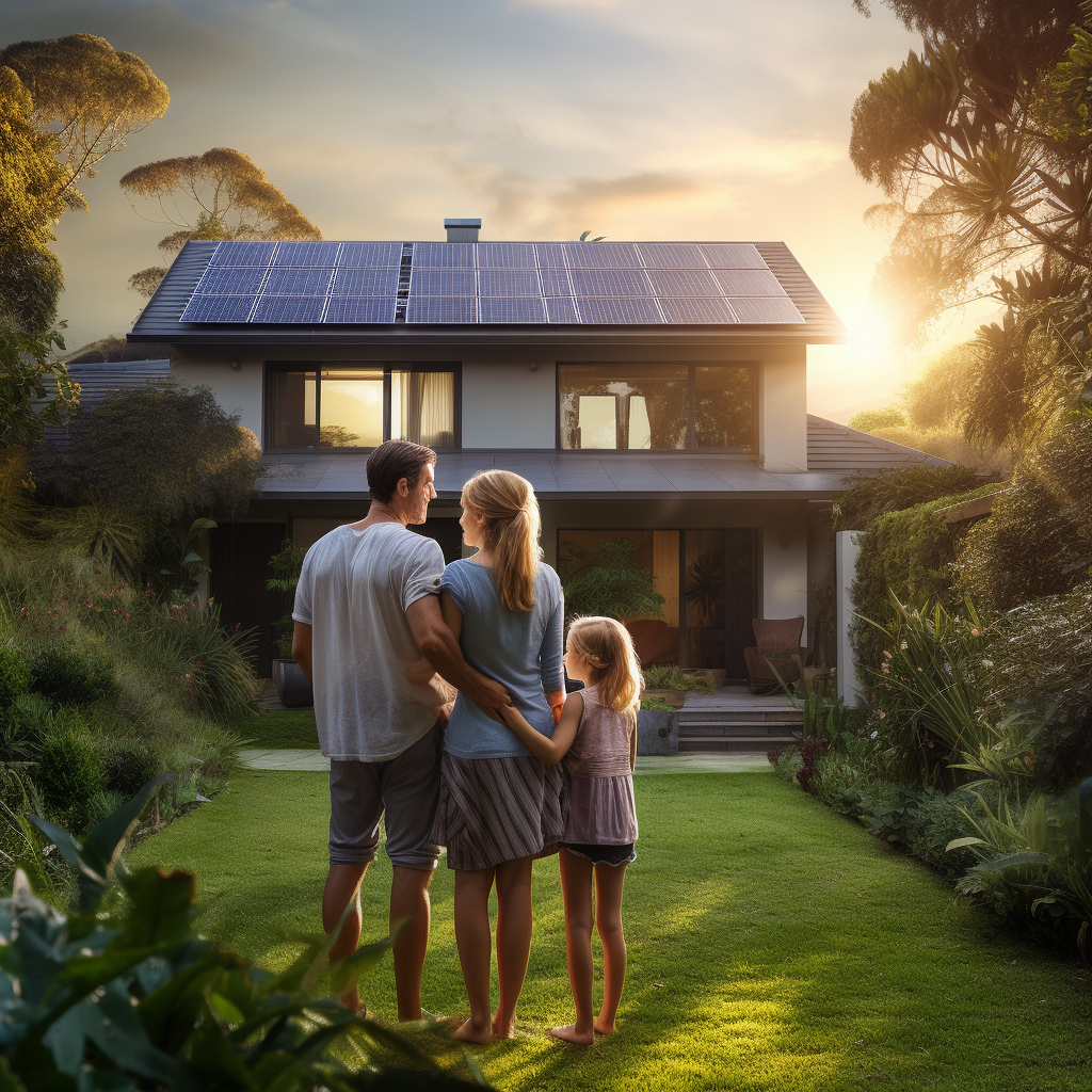 Family standing next to home, planning renovation