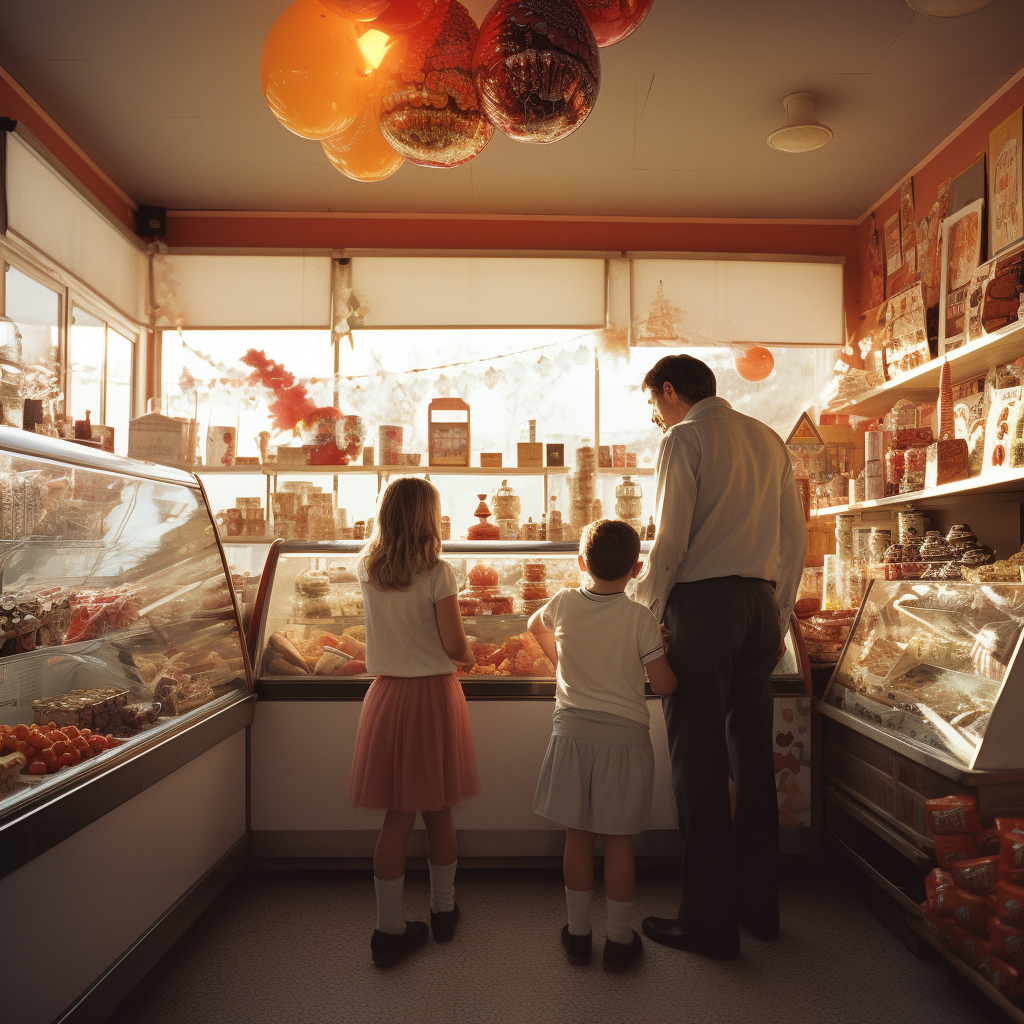 Family receiving sweets from shop owner