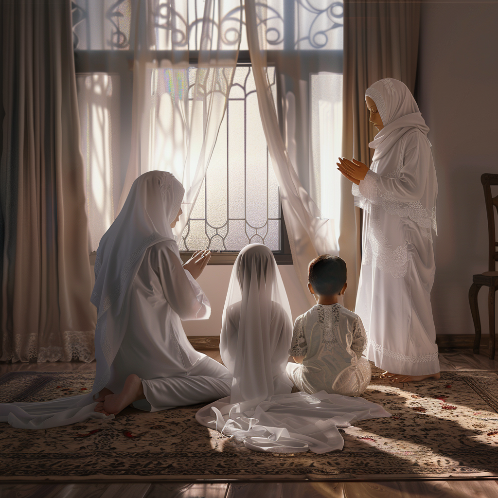 Family praying in white Islamic attire