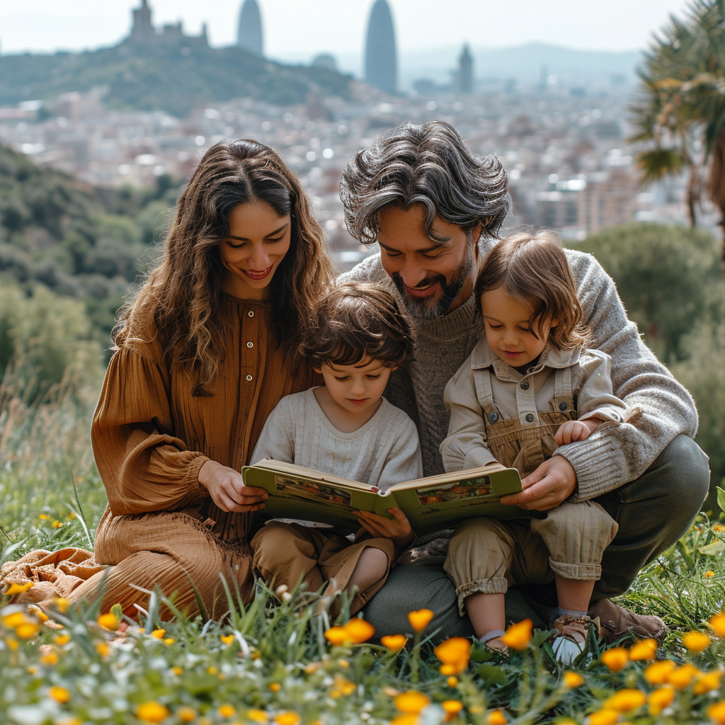 Family Reading Book Outdoors