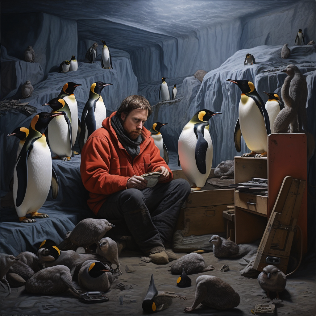 Man painting family of penguins