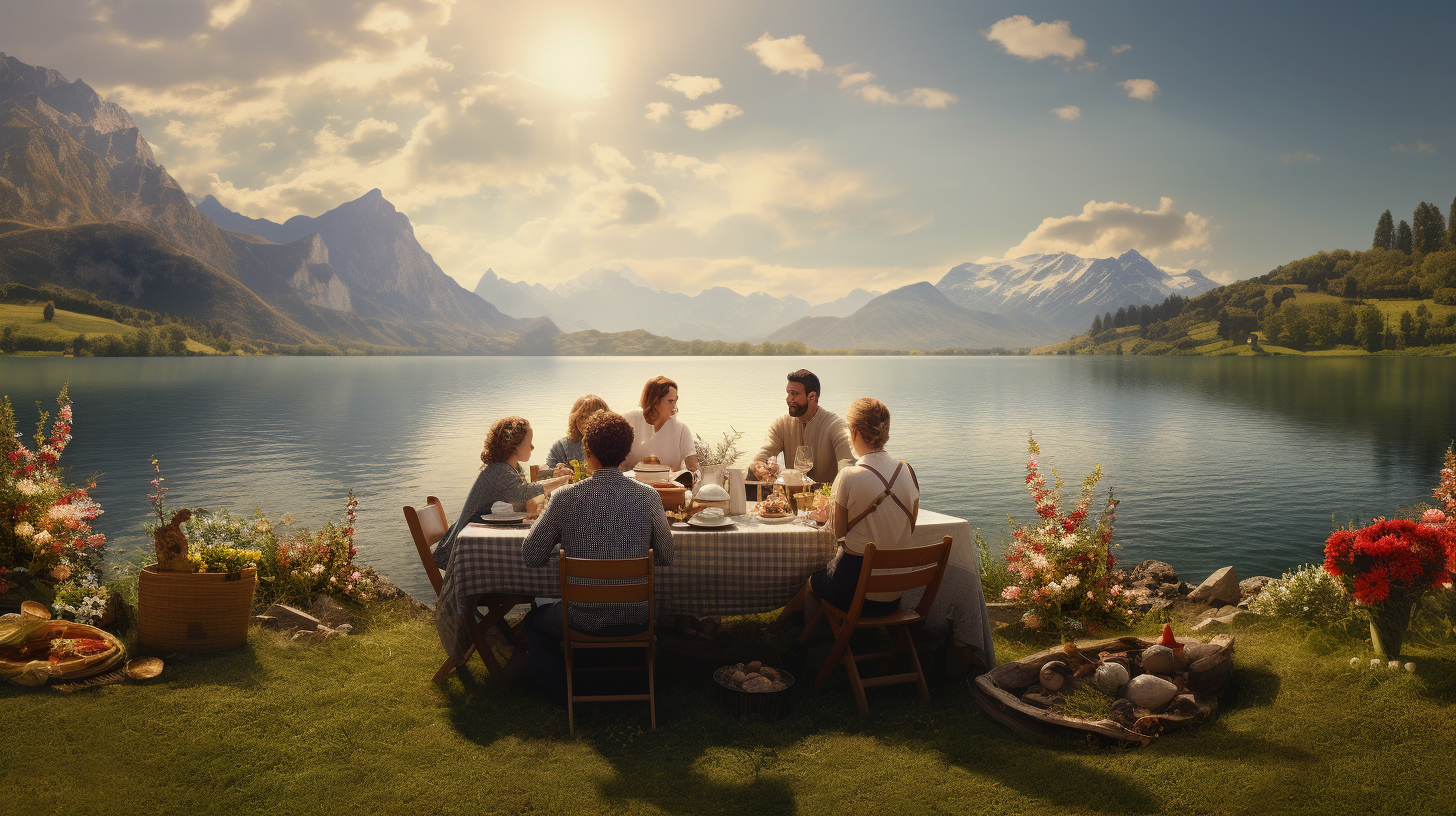 Happy family enjoying a lake-side picnic