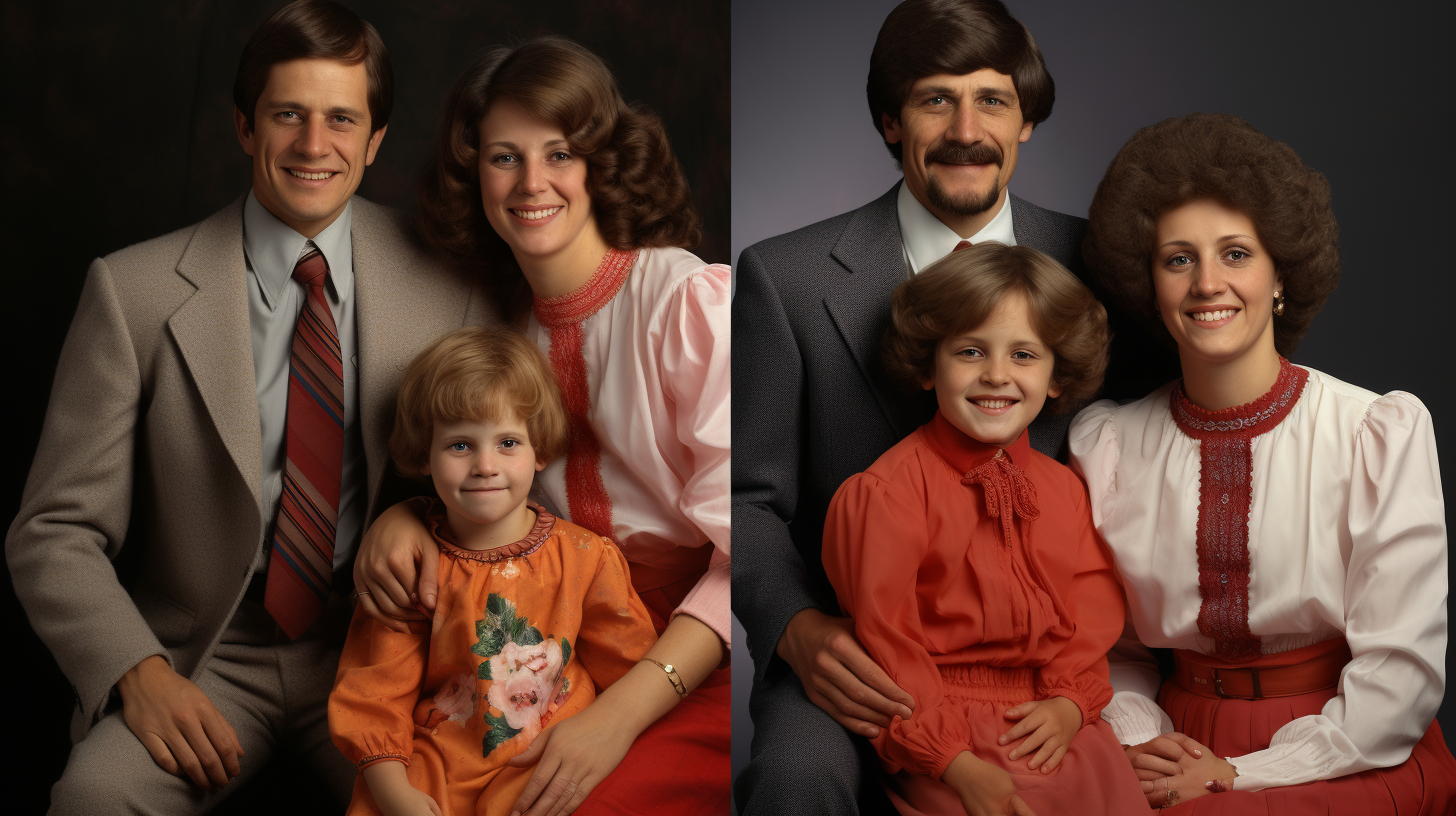 Family posing with forced smiles in '80s portrait