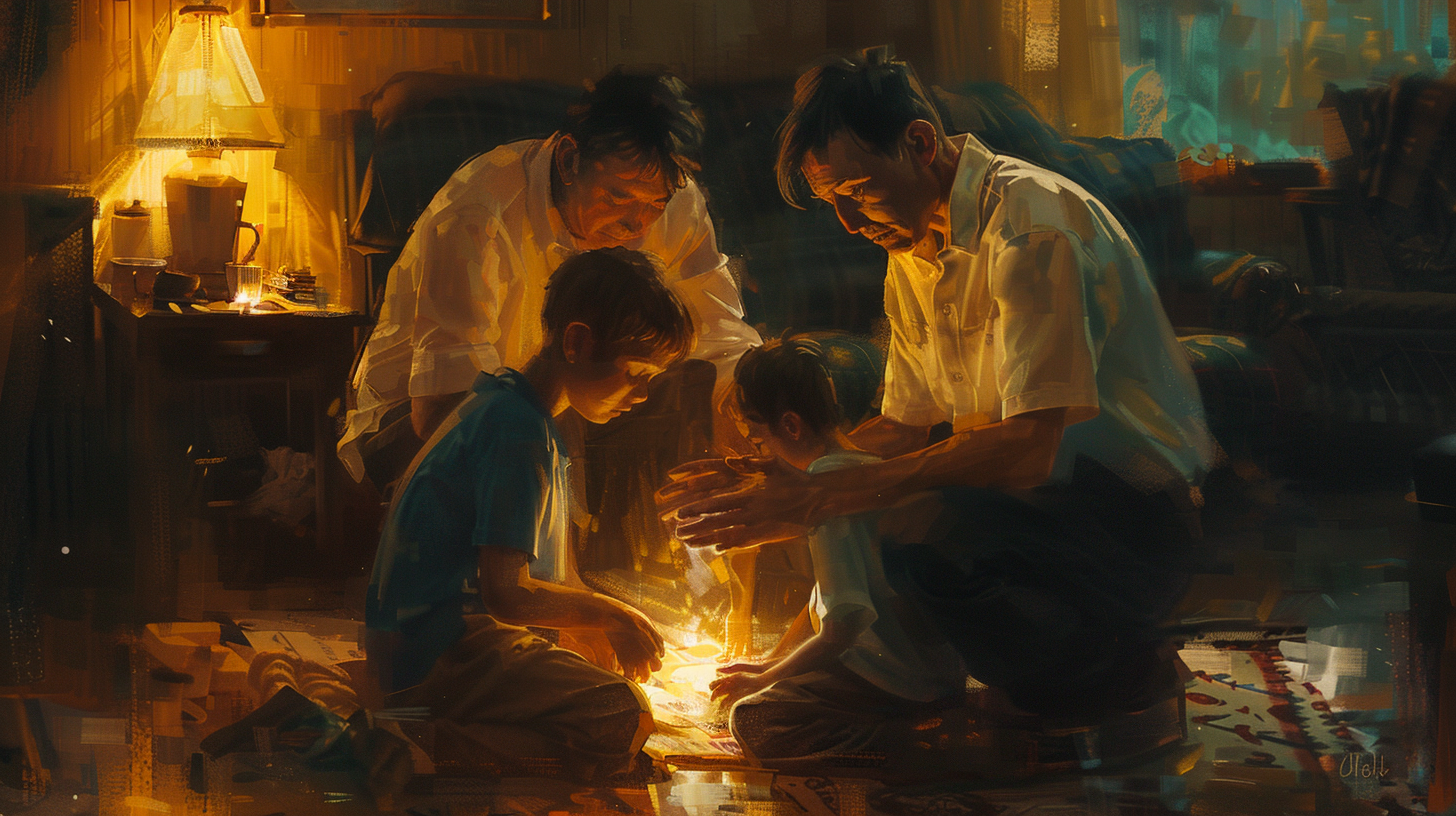 Family Praying in Diffused Lighting