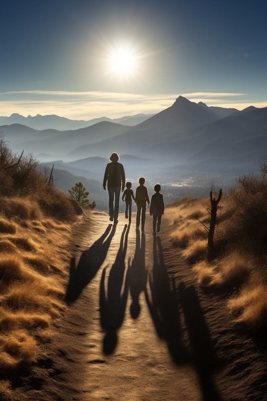 Family hiking trail with mountain in distance