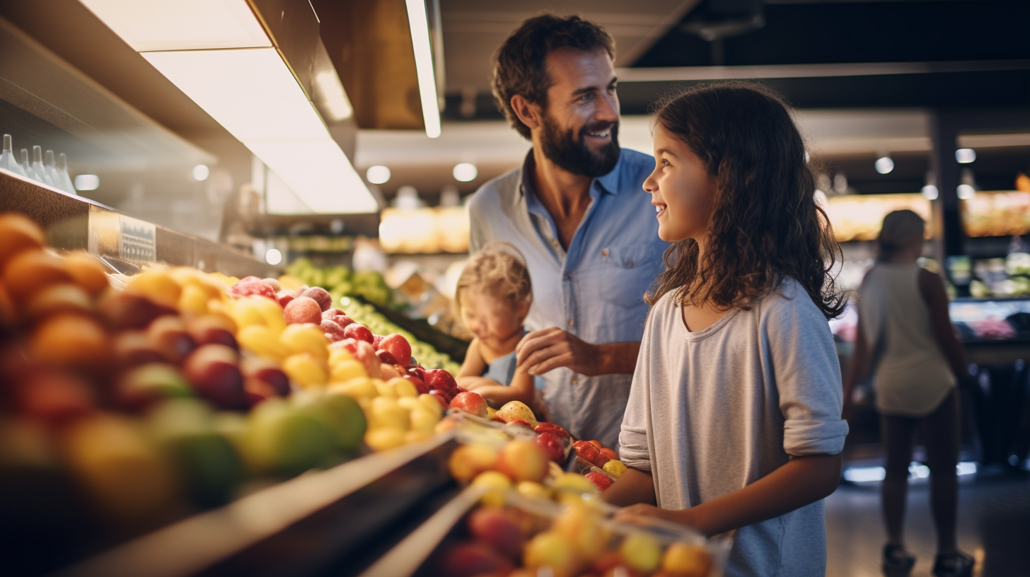 Family shopping at a modern Whole Foods store