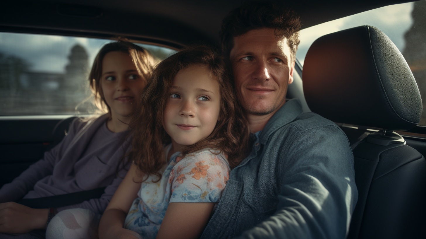 Family sitting inside car, realistic photo