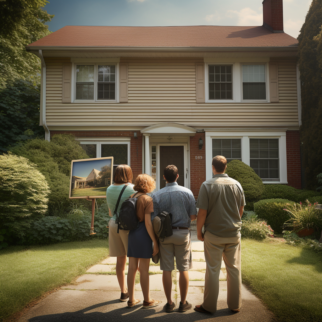 Family standing near for sale sign