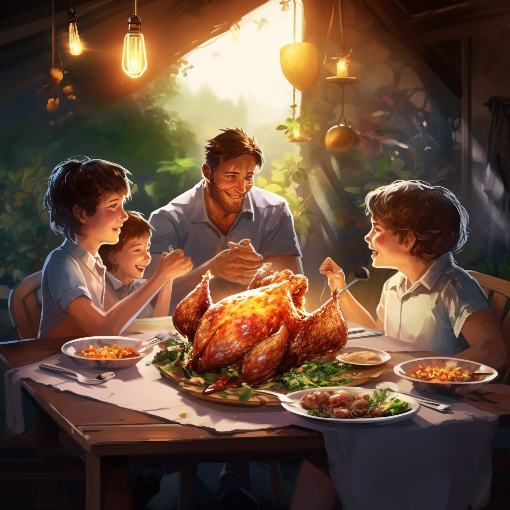 Family enjoying roast chicken on hiking trip