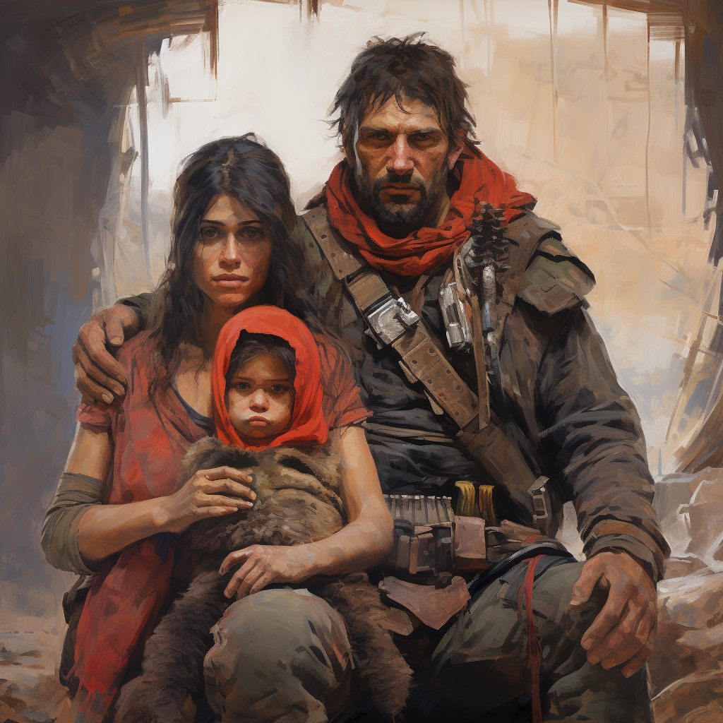 Warrior family - rugged man, woman with baby and dagger