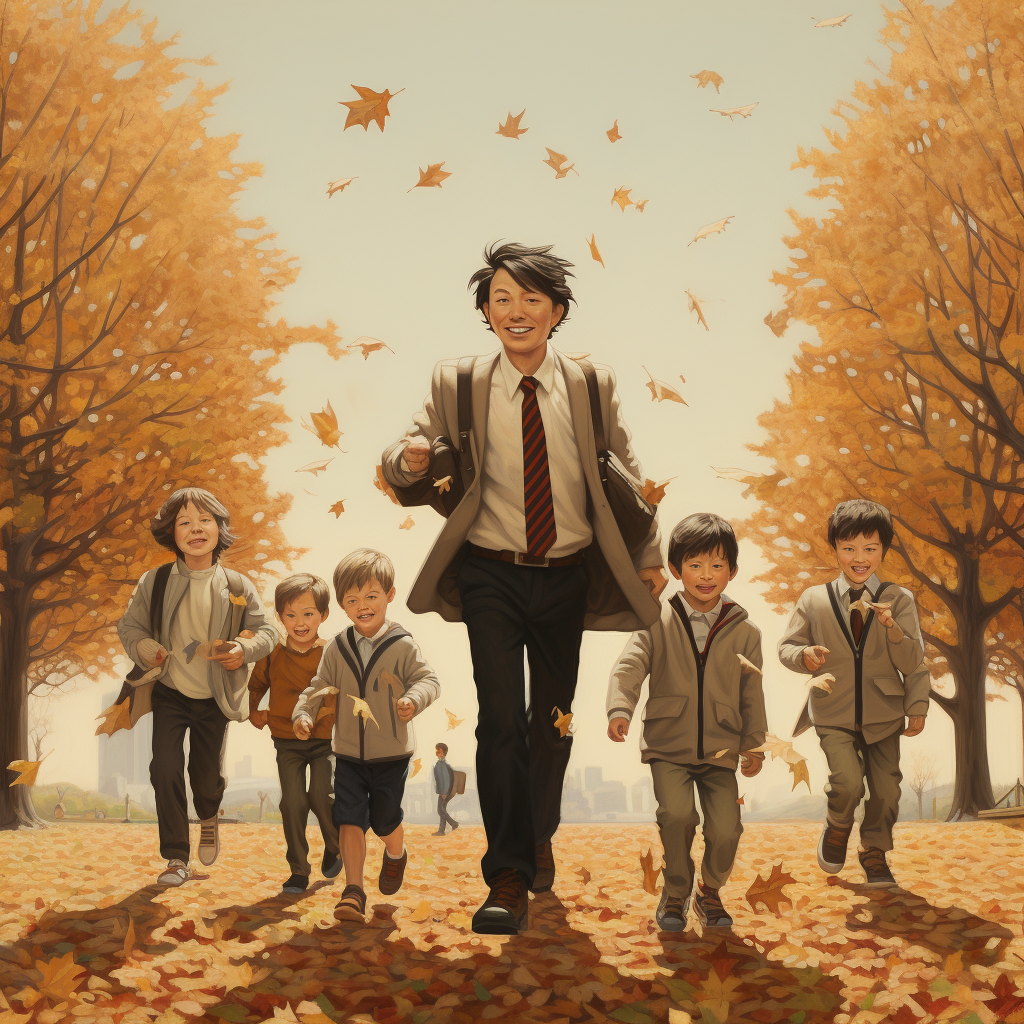 Family walking with boys amidst falling leaves