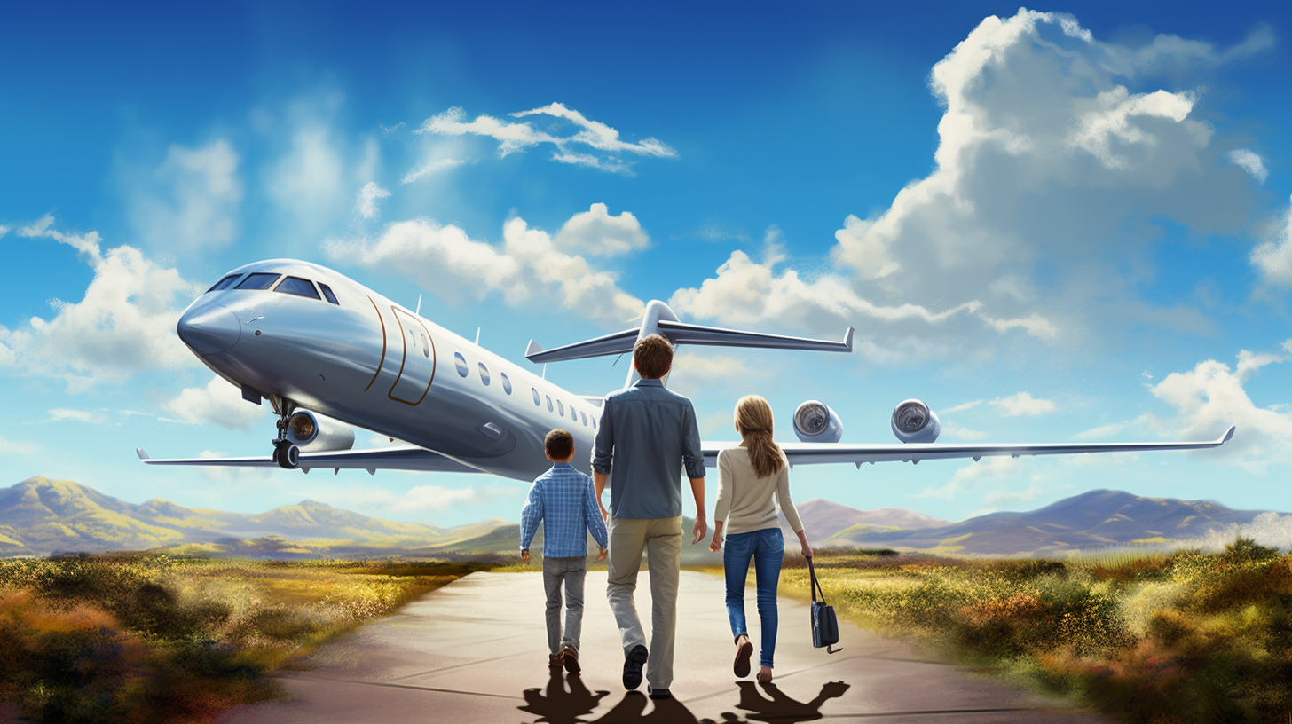 Family walking up to private jet