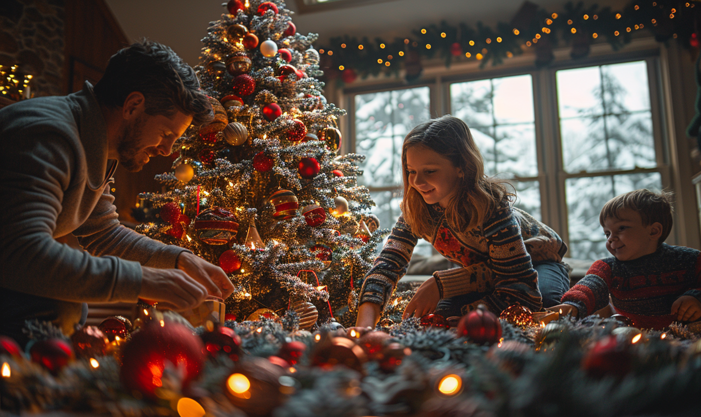 Family wrapping ornaments Christmas tree