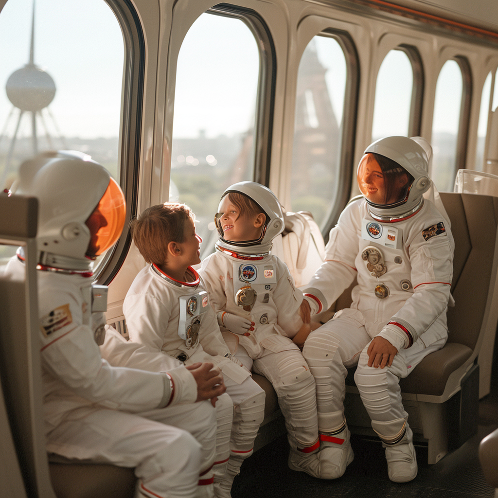 Family of Four Astronauts in Modern Train Paris